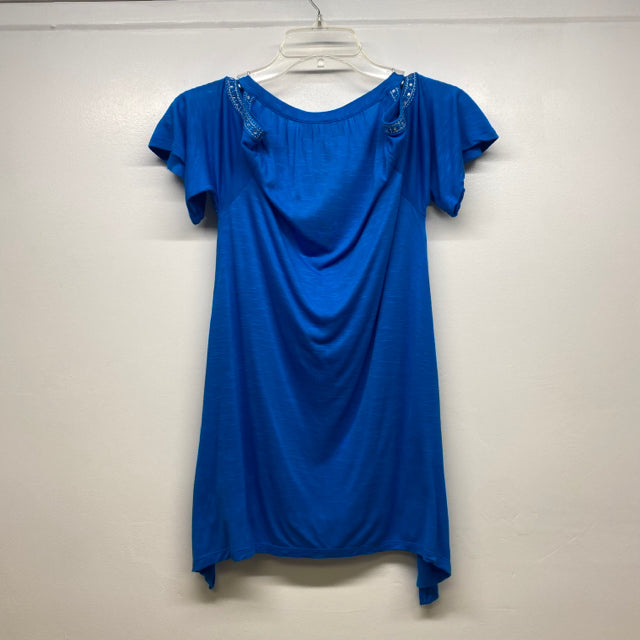 INC Size S Women's Blue Beaded Cold Shoulder Short Sleeve Top