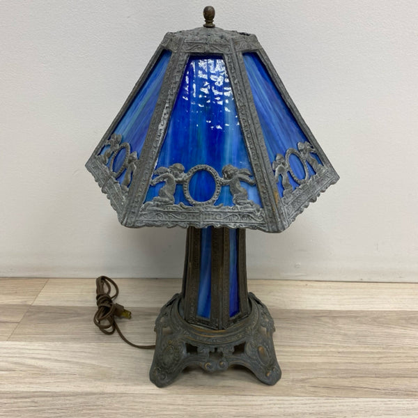 Vintage Blue Paneled Hexagon Slag GLass Table Lamp
